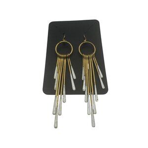 Brass and White Dangle Fringe Earrings With Circular Hoop Design